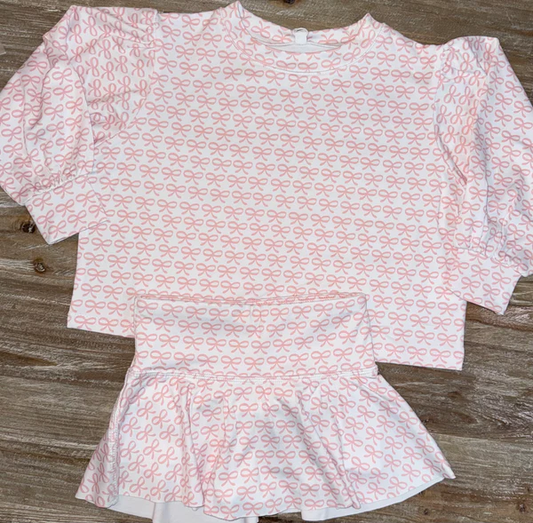 MOQ 8 preorder GLD1340 Bows Pattern Pink Long Sleeve Top Skirts Girls Yoga Sets 202509