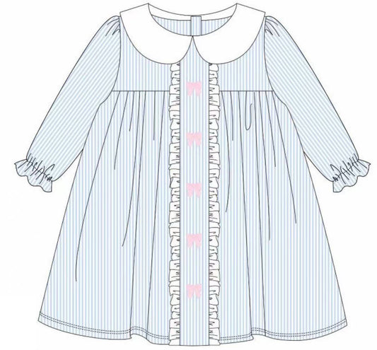 MOQ 8 Preorder GLD1344 Bows Stripe Ruffle Doll Collar Long Sleeve Dresses for Girls 202509