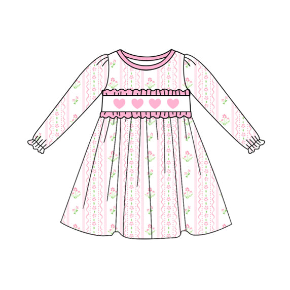 MOQ 8 Preorder GLD1347 Valentine's Day Floral Love Ruffle Long Sleeve Dresses for Girls 202509