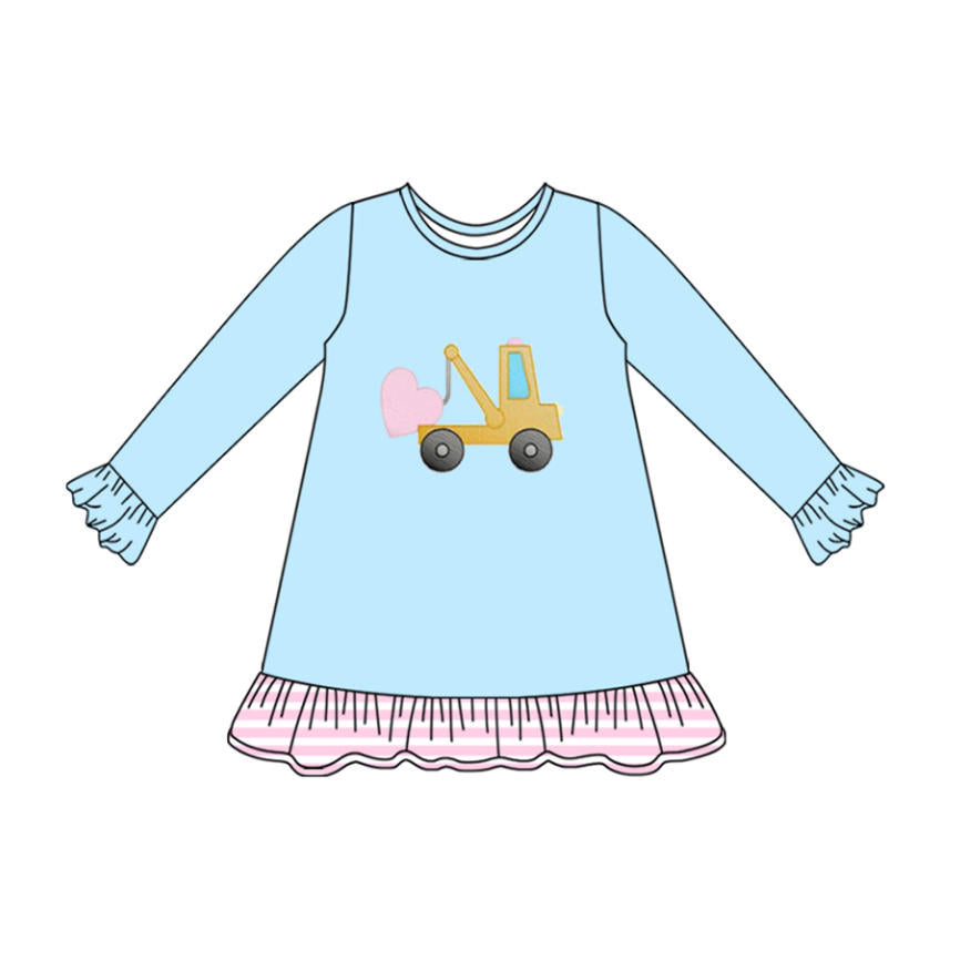 MOQ 8 Preorder GLD1348 Valentine's Day Love Truck Ruffle Long Sleeve Dresses for Girls 202509