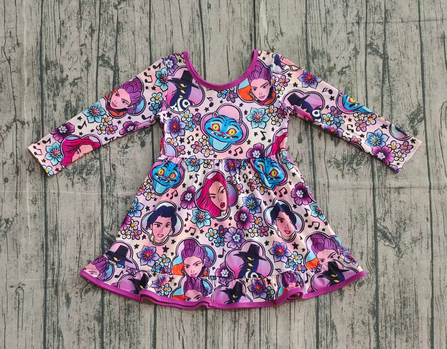 NO MOQ Preorder GLD1351 Cartoon K-pop Flower Music Long Sleeve Dresses for Girls 202510