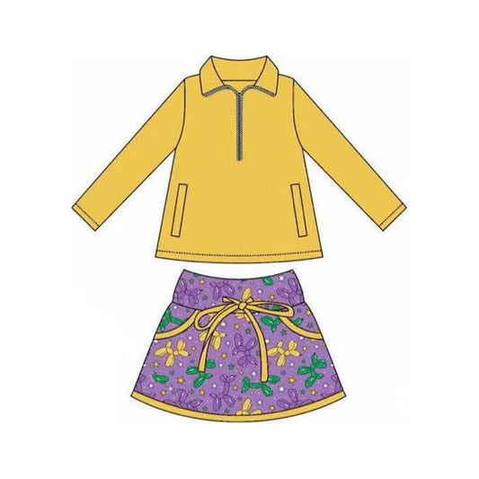 MOQ 8 preorder GLD1353 Mardi Gras Yellow Zipper Collar Long Sleeve Purple Skirts Girls Sets 202509