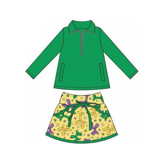 MOQ 8 preorder GLD1354 Mardi Gras Green Zipper Collar Long Sleeve Yellow Skirts Girls Sets 202509