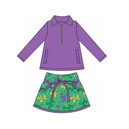 MOQ 8 preorder GLD1355 Mardi Gras Purple Zipper Collar Long Sleeve Green Skirts Girls Sets 202509
