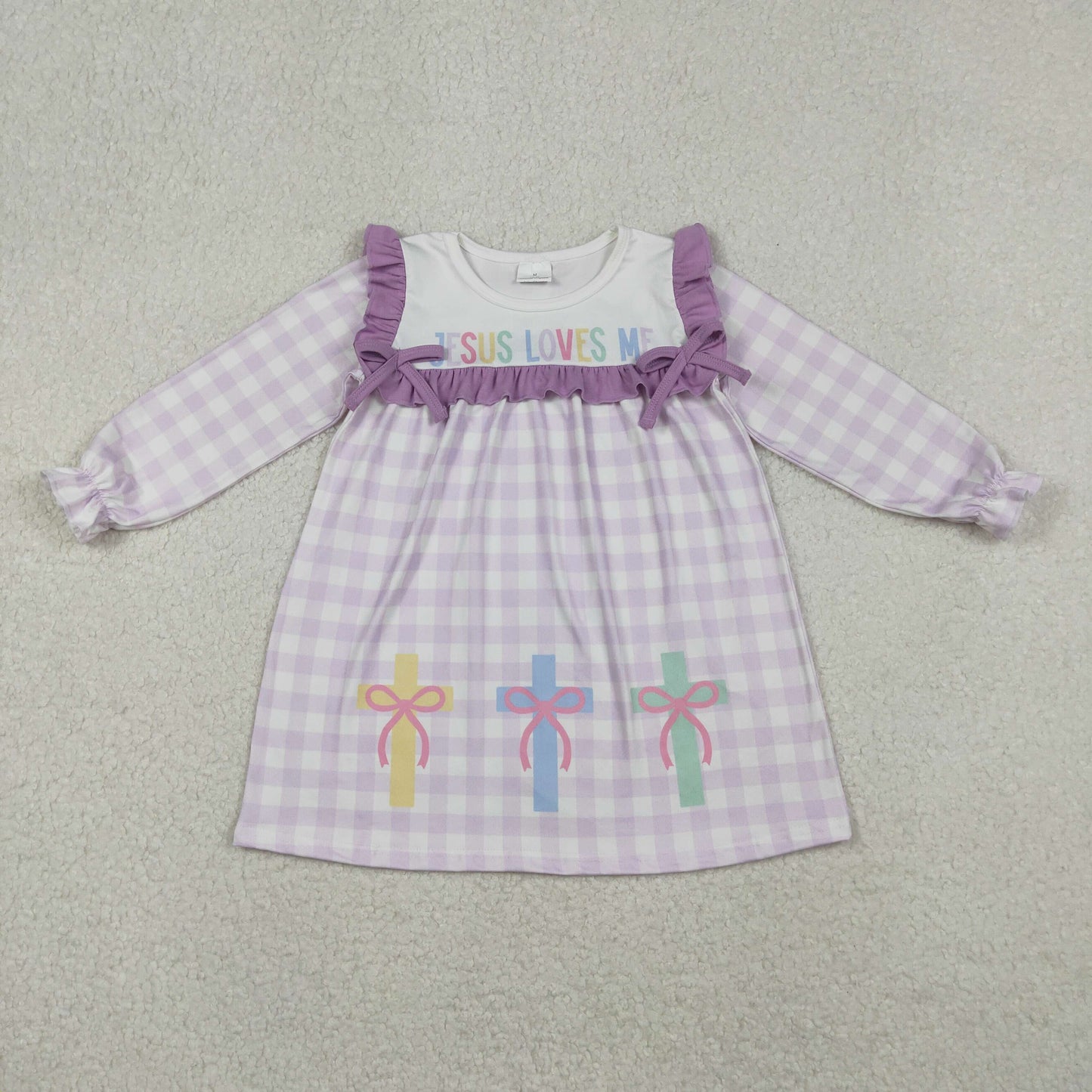 GLD1356-XS-3XL Easter Jesus Love Me Ruffle Purple Long Sleeve Dresses for Girls  202510 RTS