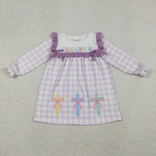 GLD1356-XS-3XL Easter Jesus Love Me Ruffle Purple Long Sleeve Dresses for Girls  202510 RTS