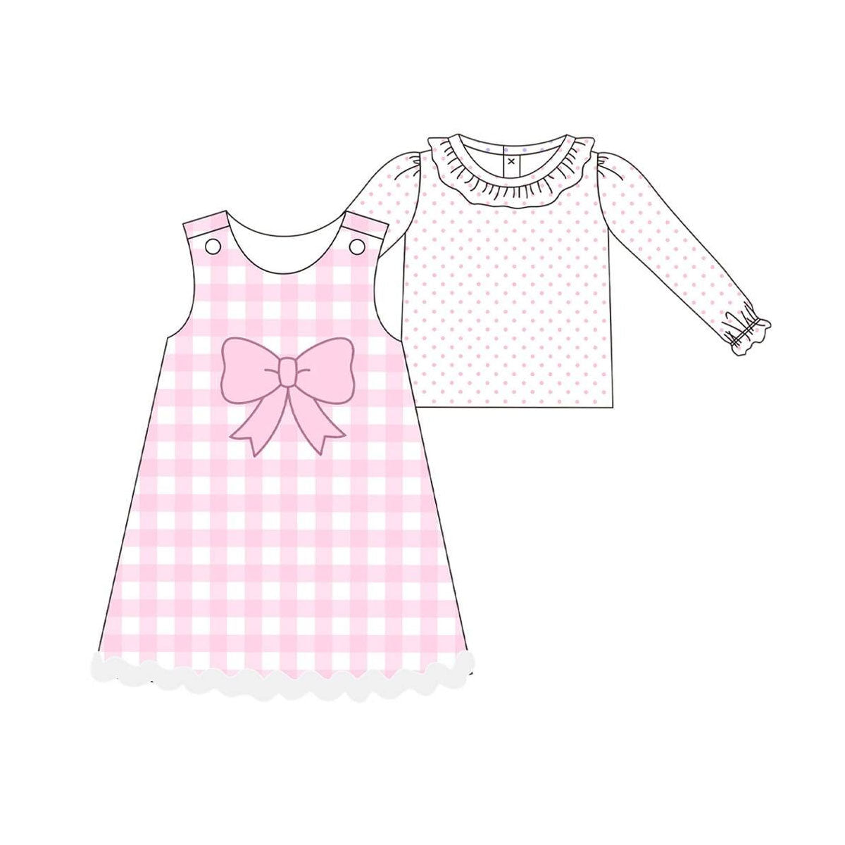 MOQ 8 Preorder GLD1357 Dots Ruffle Shirts with Bows Plaid Pink Sleeveless Dresses for Girls 202509