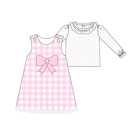 MOQ 8 Preorder GLD1357 Dots Ruffle Shirts with Bows Plaid Pink Sleeveless Dresses for Girls  202509