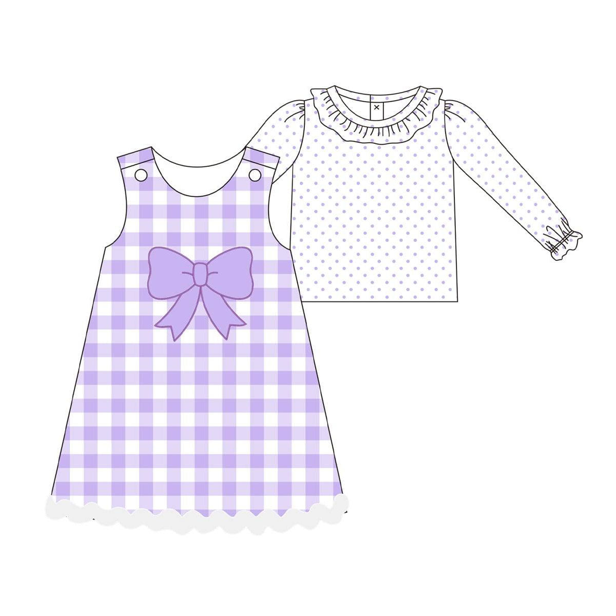 MOQ 8 Preorder GLD1358 Dots Ruffle Shirts with Bows Plaid Purple Sleeveless Dresses for Girls 202509