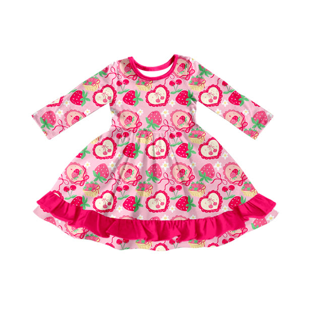 MOQ 8 Preorder GLD1359 Bows Strawberry Red Ruffle Long Sleeve Dresses for Girls 202509