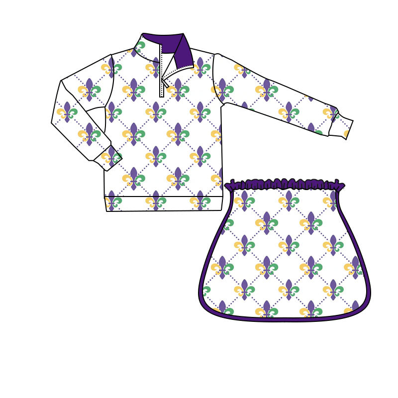 MOQ 8 preorder GLD1360 Mardi Gras Purple Zipper Collar Long Sleeve Skirts Girls Yoga Sets 202509