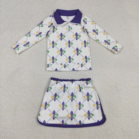 GLD1360 Mardi Gras Purple Zipper Collar Long Sleeve Skirts Girls Yoga Sets 202601 RTS