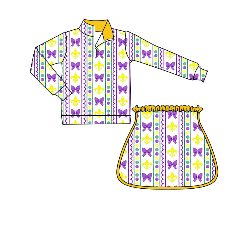 MOQ 8 preorder GLD1363 Mardi Gras Bows Dots Yellow Zipper Collar Long Sleeve Skirts Girls Yoga Sets 202509