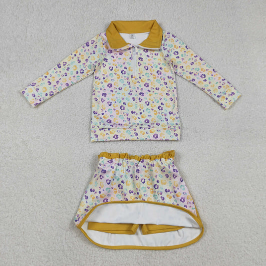 GLD1365 Mardi Gras Colored Leopard Yellow Zipper Collar Long Sleeve Skirts Girls Yoga Sets 202512 RTS