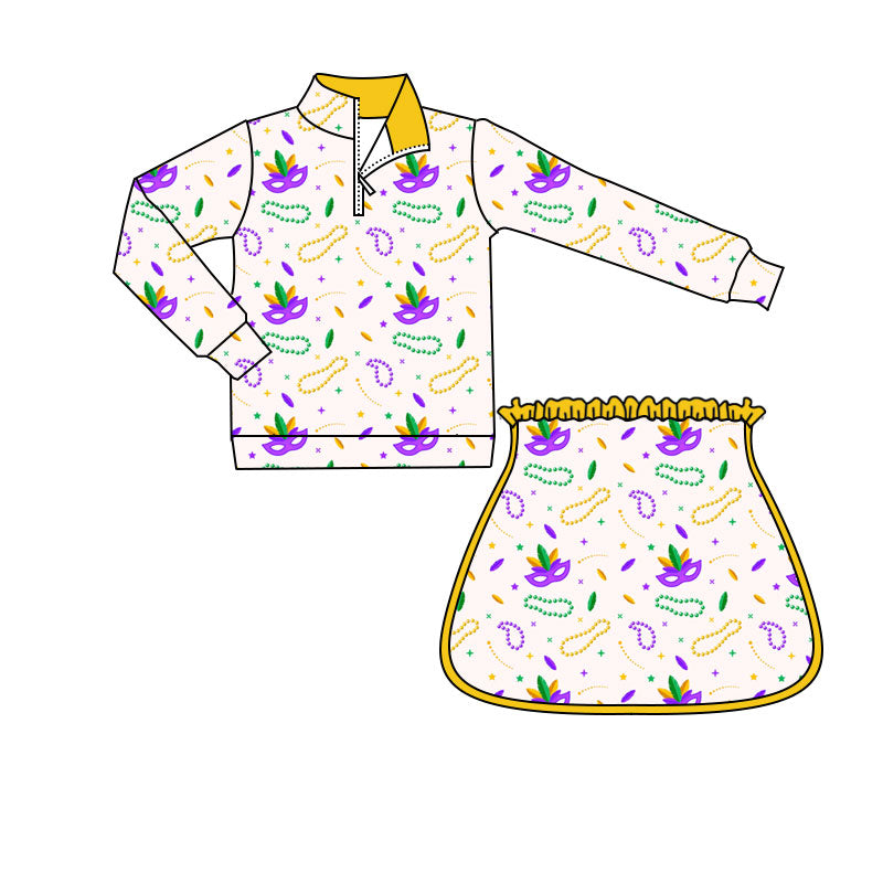 MOQ 8 preorder GLD1370 Mardi Gras Yellow Zipper Collar Long Sleeve Skirts Girls Yoga Sets 202509