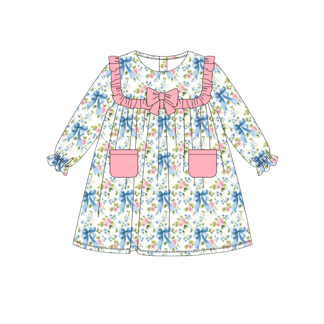 MOQ 8 Preorder GLD1375 Floral Bows Pocket Pink Ruffle Long Sleeve Dresses for Girls 202510 Sibling