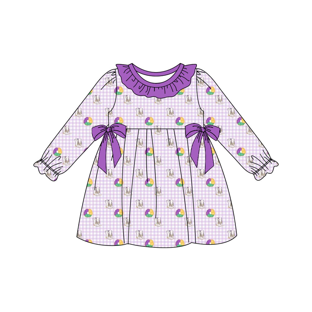 MOQ 5 Preorder GLD1379 Mardi Gras Purple Ruffle Bows Plaid Long Sleeve Dresses for Girls 202510