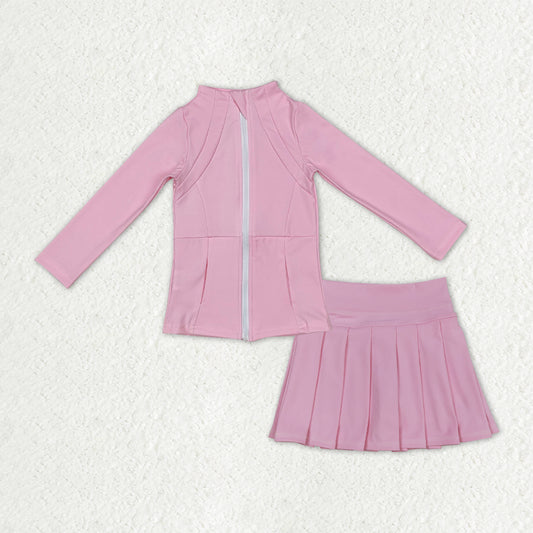 GLD1380 Girls Boutique Yoga Sets Pink Zipper Long Sleeve Pleated Skirts 202510 RTS