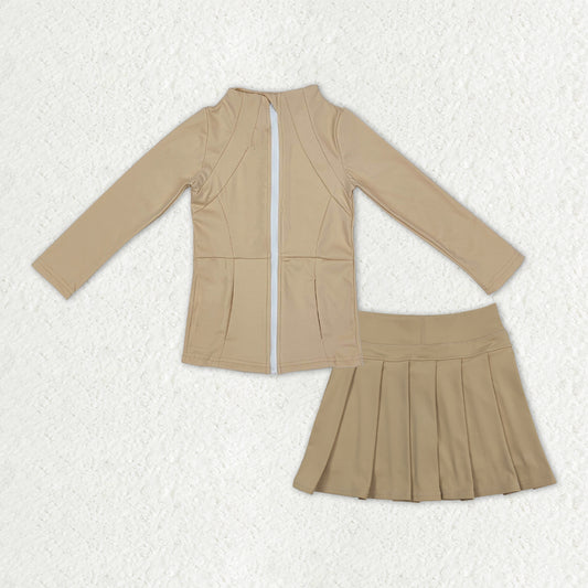 GLD1381 Girls Boutique Yoga Sets Khaki Zipper Long Sleeve Pleated Skirts 202510 RTS