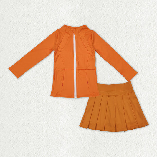 GLD1382 Girls Boutique Yoga Sets Orange Zipper Long Sleeve Pleated Skirts 202510 RTS