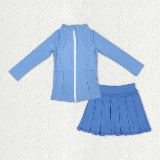 GLD1383 Girls Boutique Yoga Sets Sky Blue Zipper Long Sleeve Pleated Skirts 202510 RTS