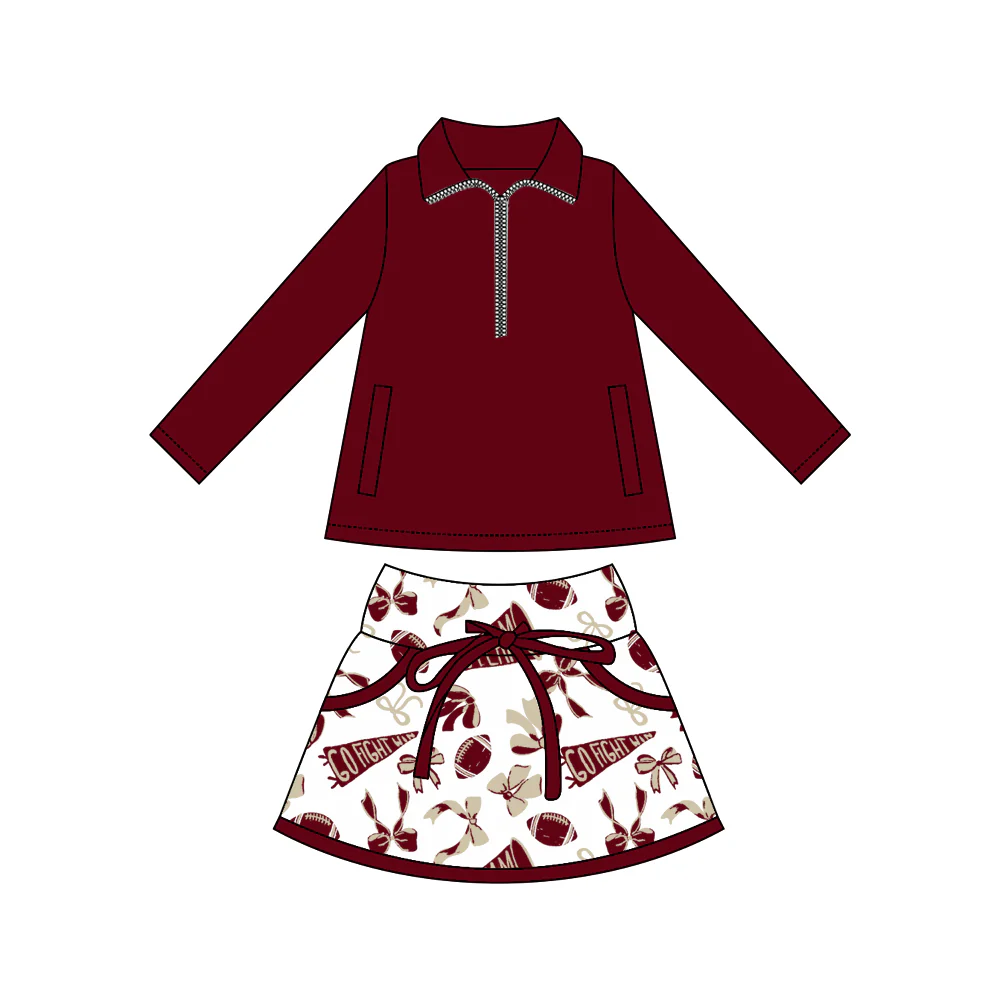 MOQ 5 preorder GLD1384 Go Team Dark Red Zipper Collar Long Sleeve Skirts Girls Yoga Sets 202510