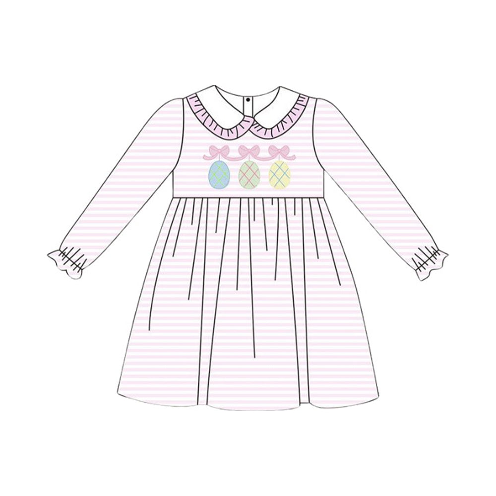 MOQ 5 Preorder GLD1385 Easter Eggs Bows Pink Stripe Doll Collar Long Sleeve Dresses for Girls 202510