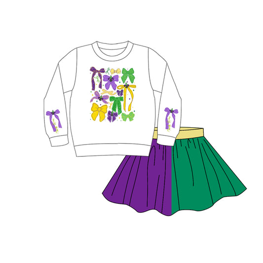 MOQ 8 Preorder GLD1386 Mardi Gras Bows White Long-Sleeved Skirt Girls Sets 202510
