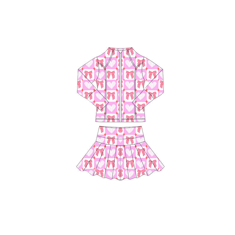 MOQ 5 preorder GLD1387 Valentine's Day Love Bows Plaid Pink Zipper Long Sleeve Skirts Girls Yoga Sets 202510
