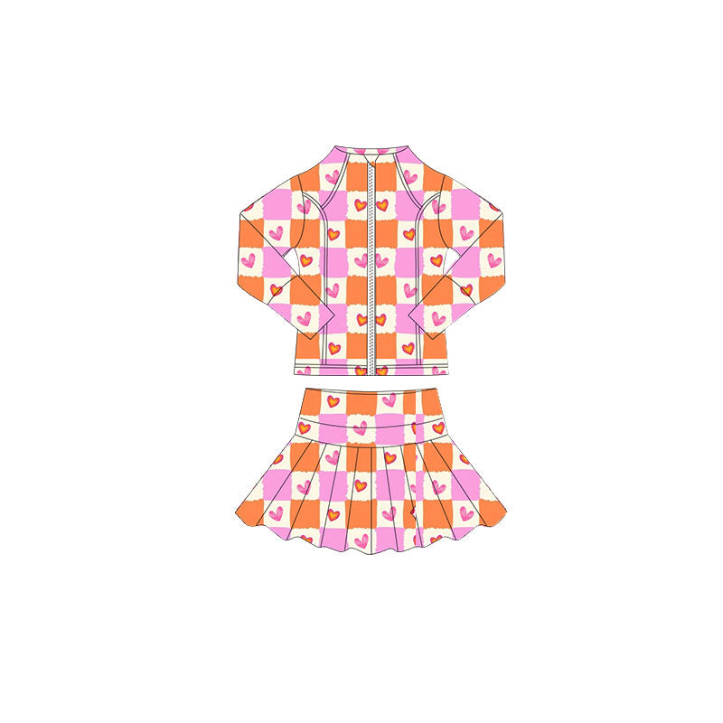MOQ 5 preorder GLD1388 Valentine's Day Bows Orange Pink Plaid Zipper Long Sleeve Skirts Girls Yoga Sets 202510