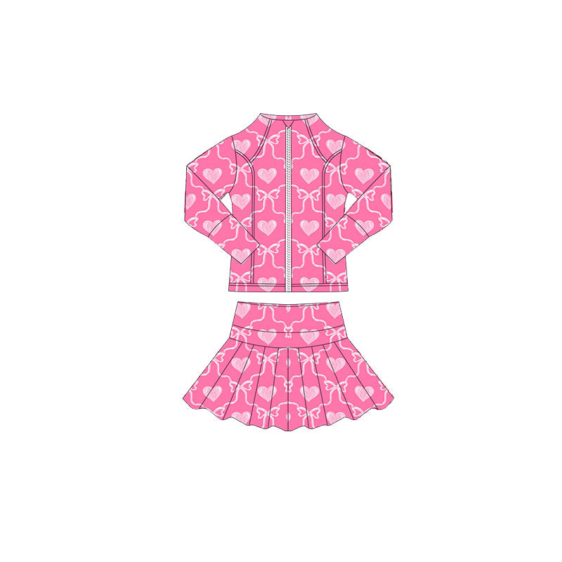 MOQ 5 preorder GLD1392 Valentine's Day Bows Love Rose Red Zipper Long Sleeve Skirts Girls Yoga Sets 202510