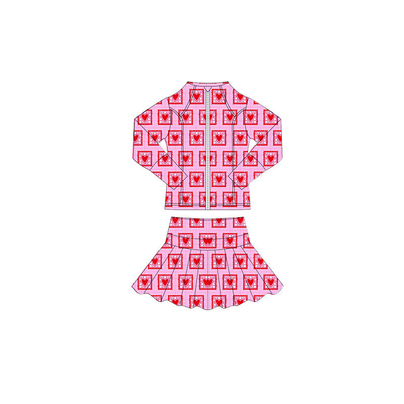 MOQ 5 preorder GLD1393 Valentine's Day Love Plaid Rose Red Zipper Long Sleeve Skirts Girls Yoga Sets 202510
