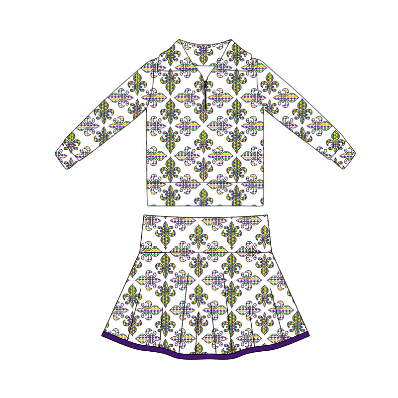 MOQ 5 preorder GLD1394 Mardi Gras Zipper Collar Long Sleeve Skirts Girls Yoga Sets 202510