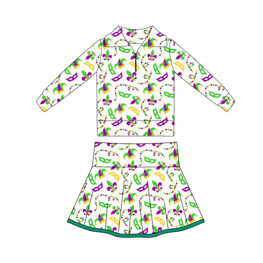MOQ 5 preorder GLD1394 Mardi Gras Zipper Collar Long Sleeve Skirts Girls Yoga Sets 202510