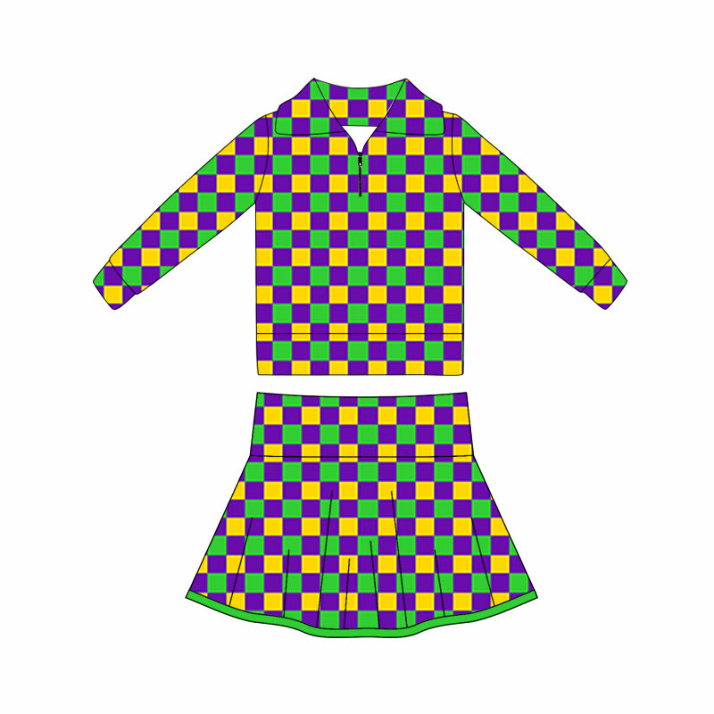 MOQ 5 preorder GLD1397 Mardi Gras Plaid Zipper Collar Long Sleeve Skirts Girls Yoga Sets 202510