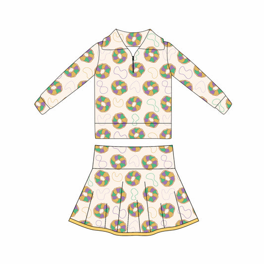 MOQ 5 preorder GLD1398 Mardi Gras Doughnut Beige Zipper Collar Long Sleeve Skirts Girls Yoga Sets 202510