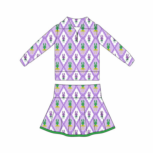 MOQ 5 preorder GLD1399 Mardi Gras Crayfish Purple Zipper Collar Long Sleeve Skirts Girls Yoga Sets 202510