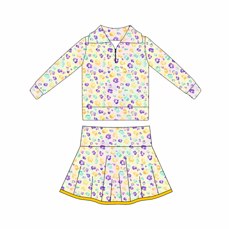 MOQ 5 preorder GLD1400 Mardi Gras Leopard Yellow Zipper Collar Long Sleeve Skirts Girls Yoga Sets 202510