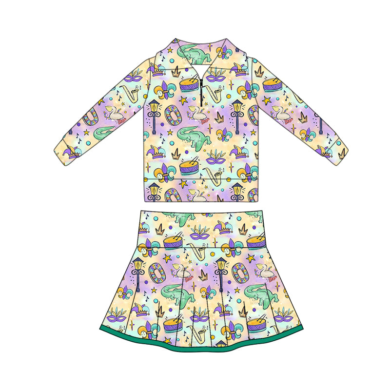 MOQ 5 preorder GLD1401 Mardi Gras Crocodile Mask Zipper Collar Long Sleeve Skirts Girls Yoga Sets 202510