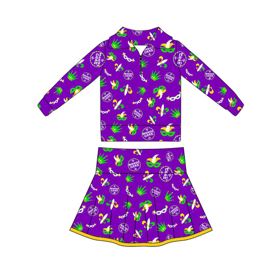 MOQ 5 preorder GLD1403 Mardi Gras Mask Purple Zipper Collar Long Sleeve Skirts Girls Yoga Sets 202510