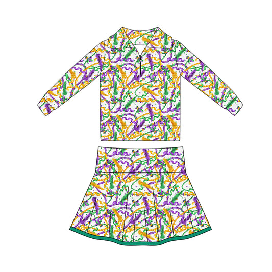 MOQ 5 preorder GLD1404 Mardi Gras Colorful Ribbon Zipper Collar Long Sleeve Skirts Girls Yoga Sets 202510