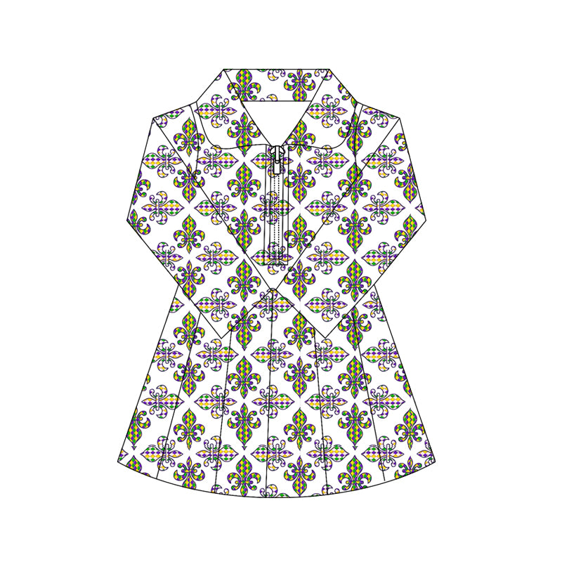 MOQ 5 preorder GLD1405 Mardi Gras Zipper Collar Long Sleeve Yoga Dresses for Girls 202510