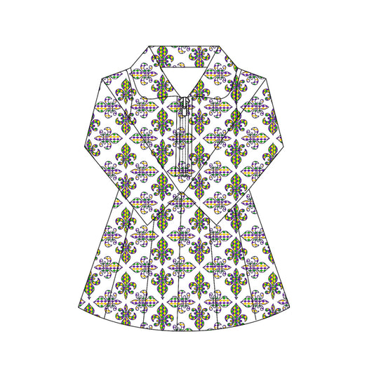 MOQ 5 preorder GLD1405 Mardi Gras Zipper Collar Long Sleeve Yoga Dresses for Girls 202510