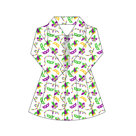 MOQ 5 preorder GLD1406 Mardi Gras Colored Mask Zipper Collar Long Sleeve Yoga Dresses for Girls 202510