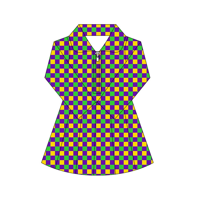 MOQ 5 preorder GLD1407 Mardi Gras Colored Plaid Zipper Collar Long Sleeve Yoga Dresses for Girls 202510
