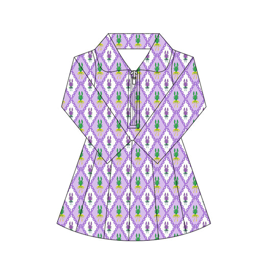 MOQ 5 preorder GLD1409 Mardi Gras Crayfish Purple Zipper Collar Long Sleeve Yoga Dresses for Girls 202510
