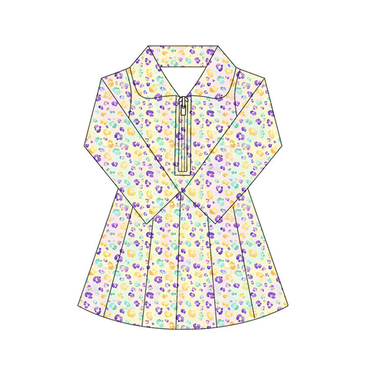MOQ 5 preorder GLD1410 Mardi Gras Colored Leopard Yellow Zipper Collar Long Sleeve Yoga Dresses for Girls 202510