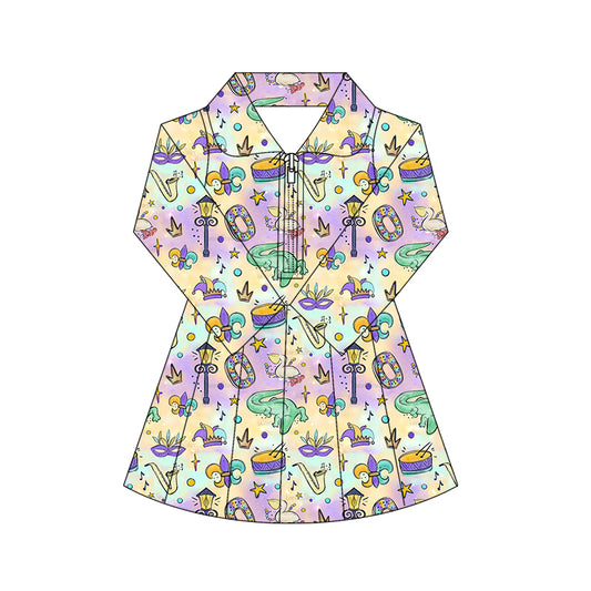 MOQ 5 preorder GLD1411 Mardi Gras Crocodile Mask Zipper Collar Long Sleeve Yoga Dresses for Girls 202510