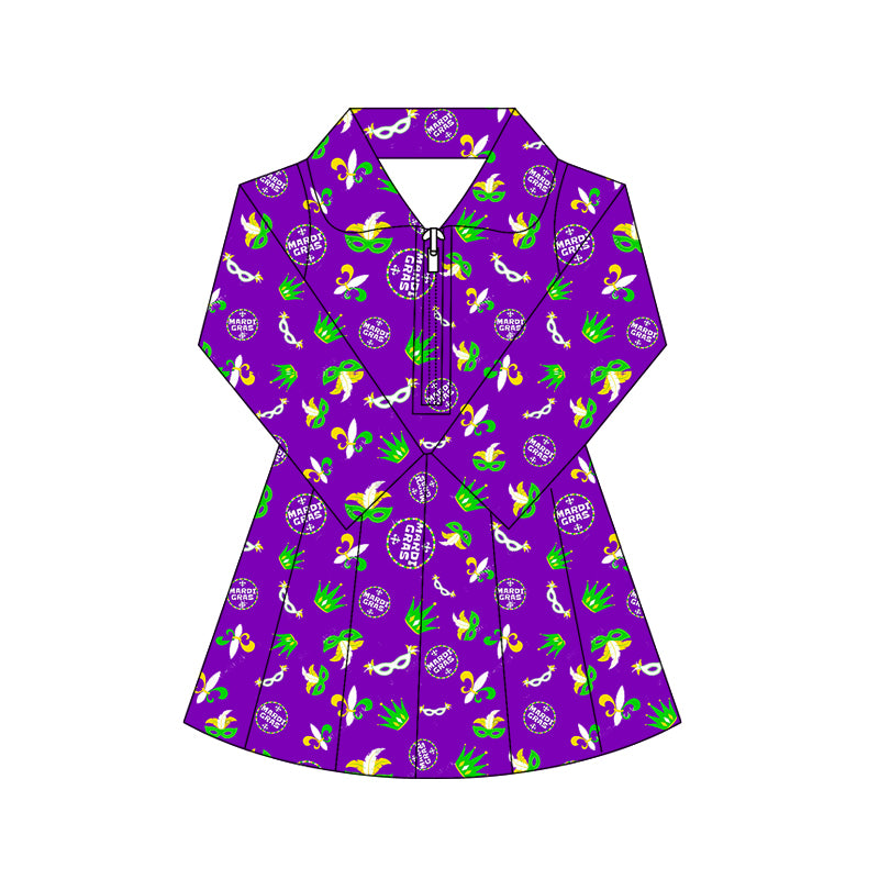 MOQ 5 preorder GLD1413 Mardi Gras Mask Purple Zipper Collar Long Sleeve Yoga Dresses for Girls 202510