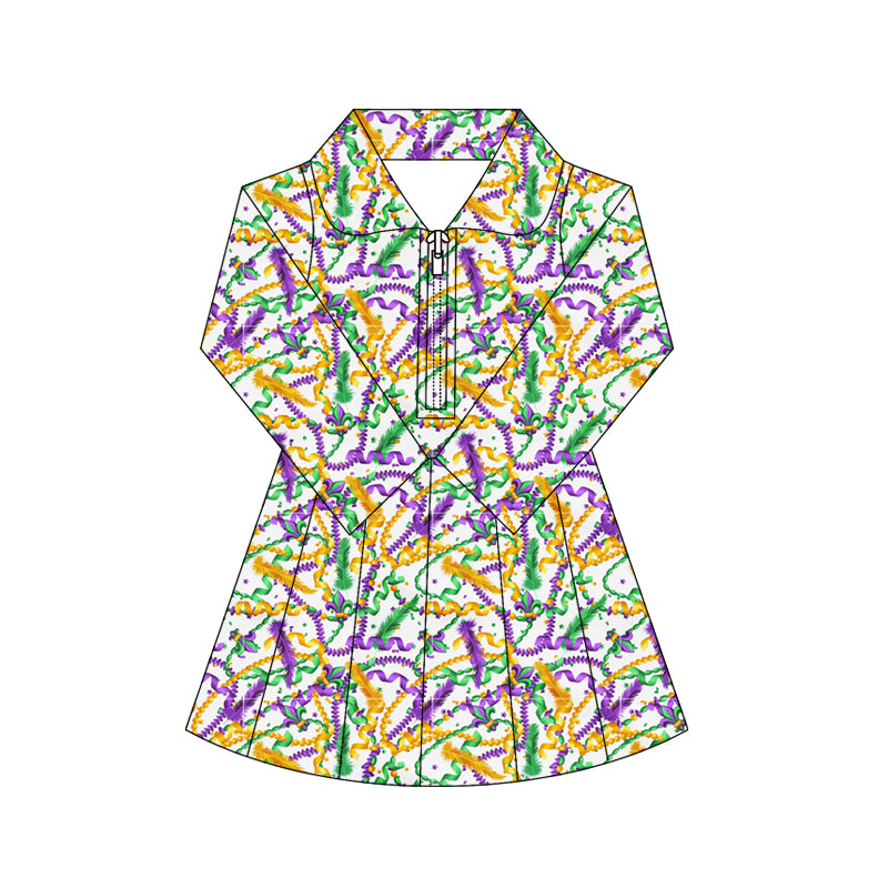 MOQ 5 preorder GLD1414 Mardi Gras Colored Ribbon Zipper Collar Long Sleeve Yoga Dresses for Girls 202510